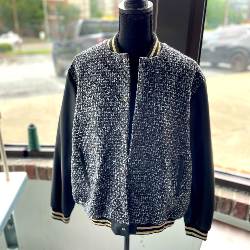 “LUXE LIFE” Tweed & Vegan Leather, Varsity jacket size XL